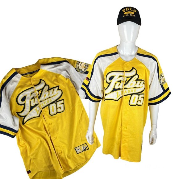 90s FUBU Jersey Baseball Button Up Mens 2XL FUBU 05 Yellow Blue Vintage Logo - Picture 1 of 9